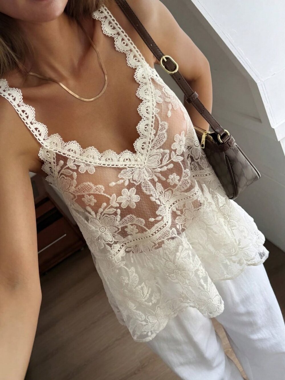 Apricot Boho Women's Loose V Neck Sheer Lace Jacquard Spaghetti Strap top - Picture 5 of 7